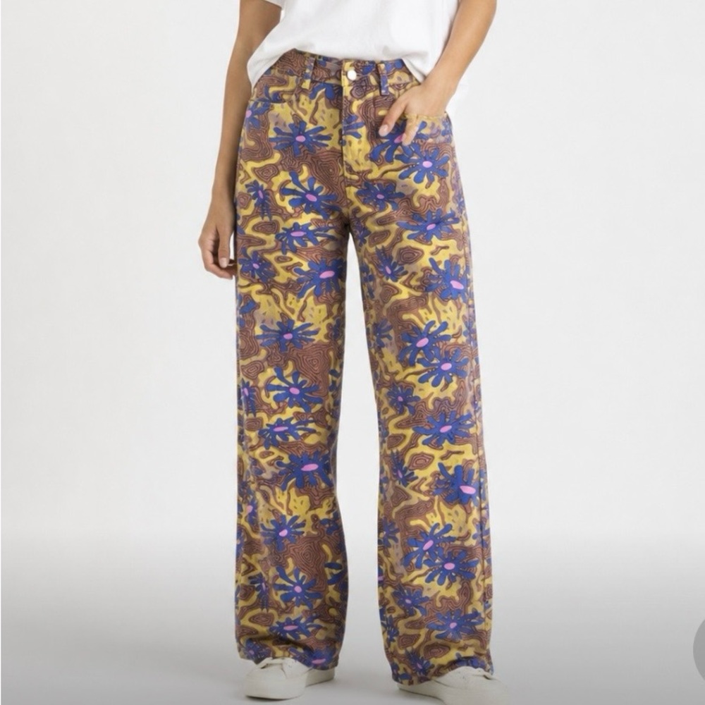 Bailey Rose Boho Psychedelic Denim Jeans Blue Floral Wide Leg S NWT